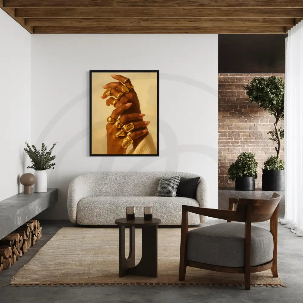 Elegant Black woman hands with gold rings artwork