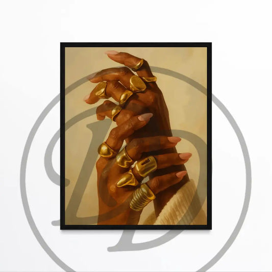 Afrocentric art of Black woman hands with gold rings