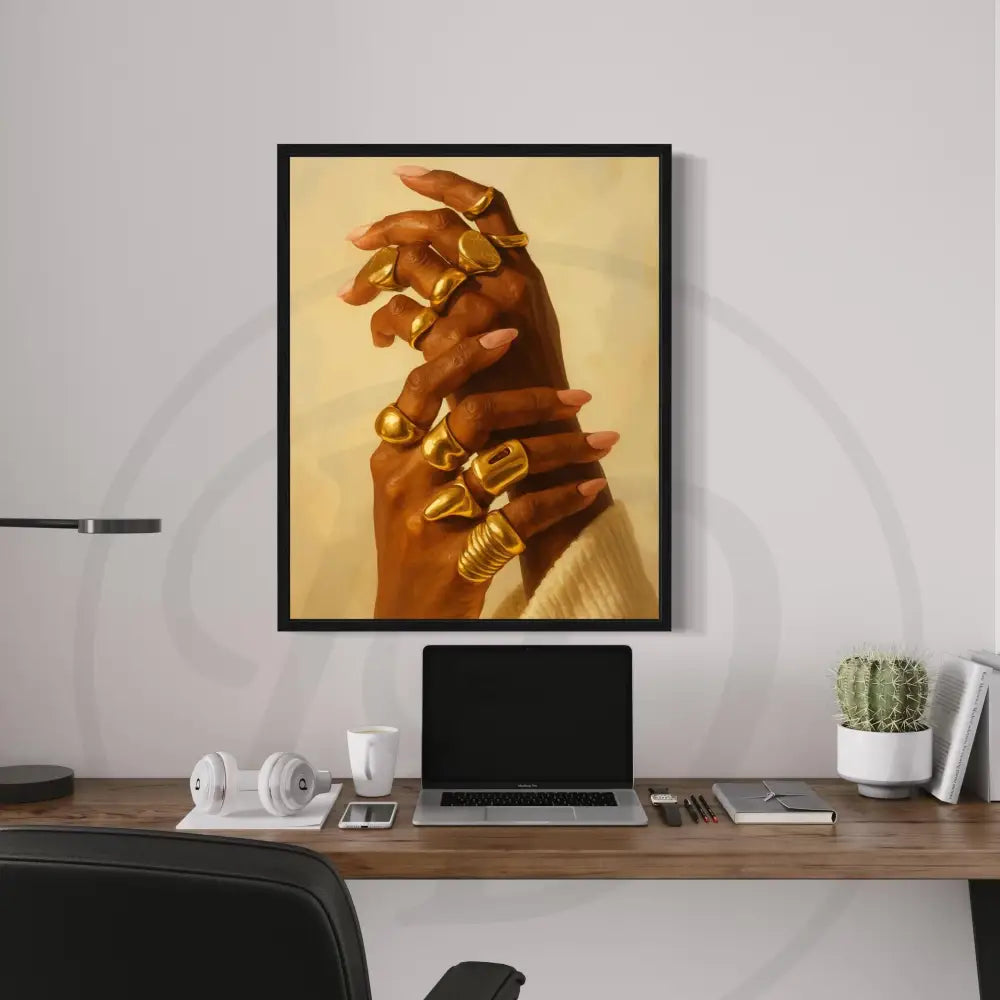 Cultural artwork of hands adorned with gold jewelry