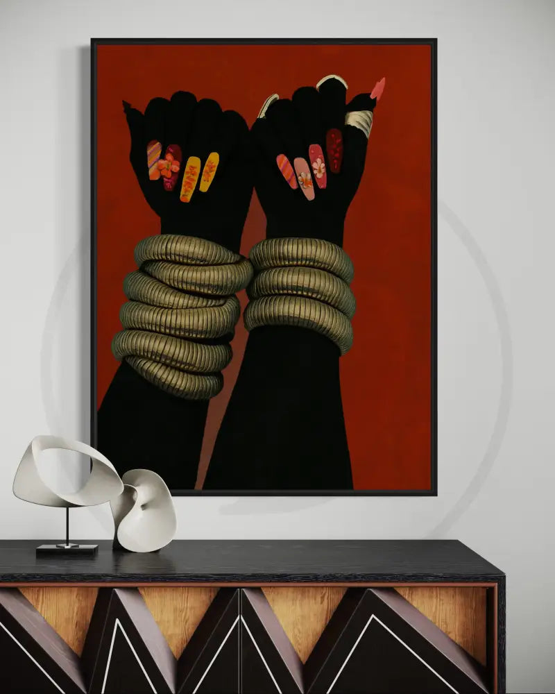 Minimalist Afrocentric hands digital art for bold home décor.