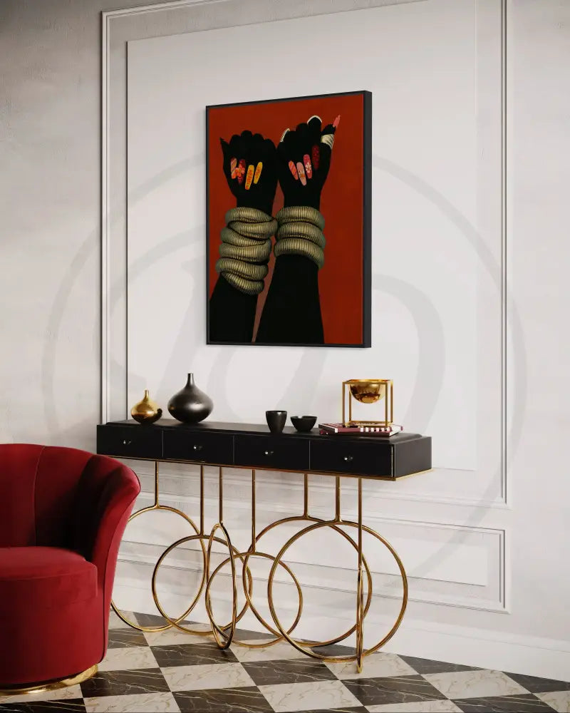 Black woman hands art print with stacked bangles and detailed nail design.