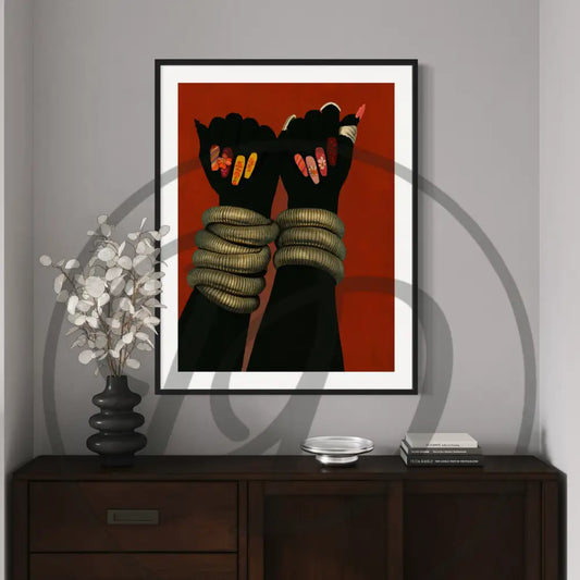 Afrocentric digital wall art of Black hands with gold bangles and floral nails.