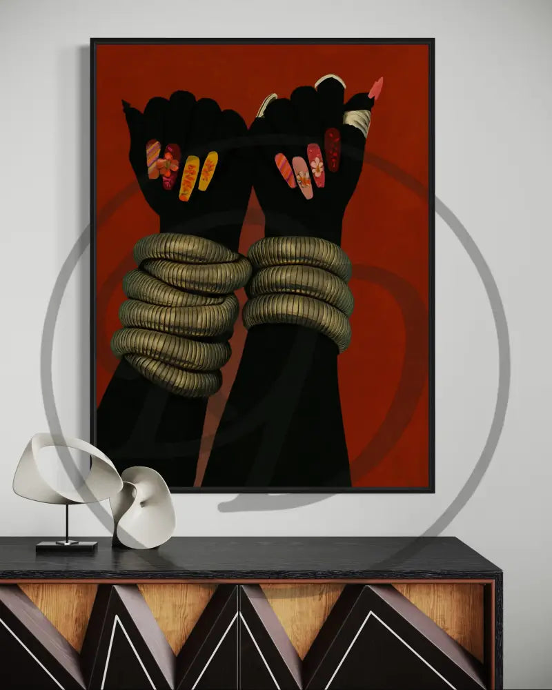 Minimalist Afrocentric hands digital art for bold home décor.