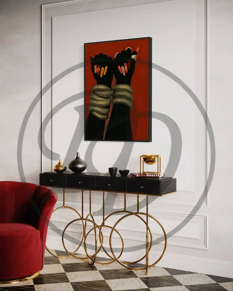 Black woman hands art print with stacked bangles and detailed nail design.
