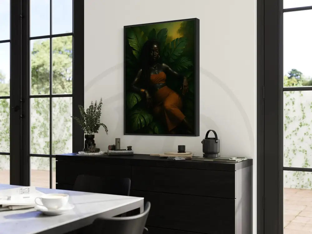 Dark skin regal Afrocentric jungle queen artwork.