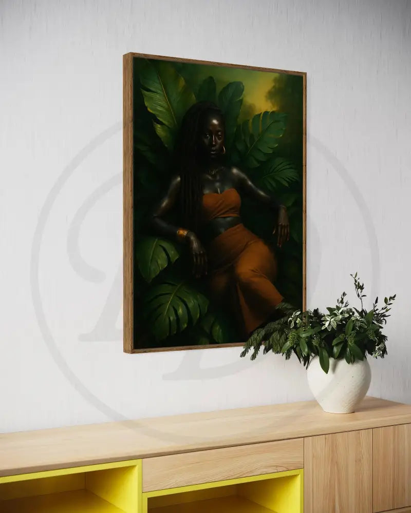 Regal Black woman in jungle setting editorial wall décor.