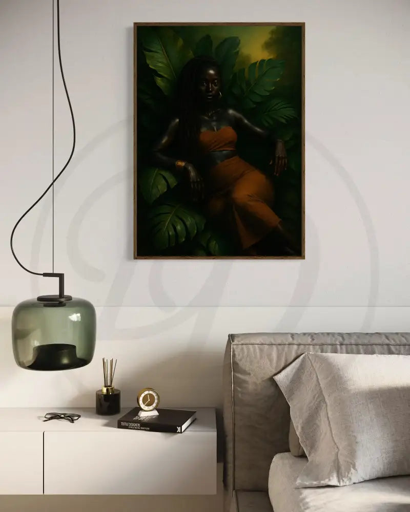 Afrocentric portrait with tropical leaves background.