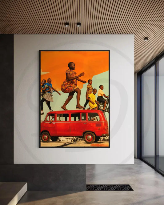 Vibrant Afrocentric art of kids playing on a red bus


