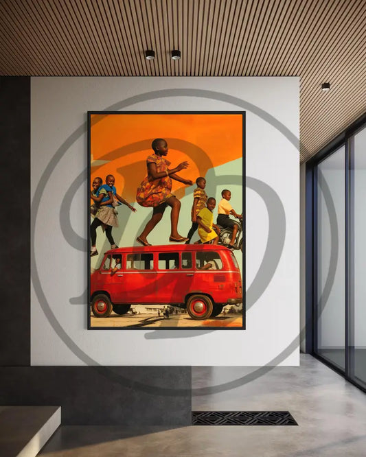 Vibrant Afrocentric art of kids playing on a red bus

