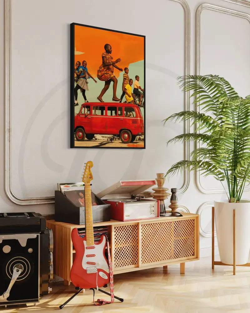 African children laughing and running in colorful art