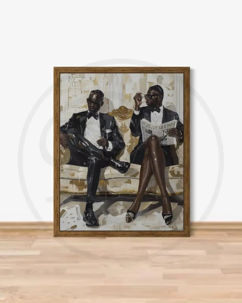 Afrocentric digital wall art of two Black men in tuxedos on an ornate sofa.