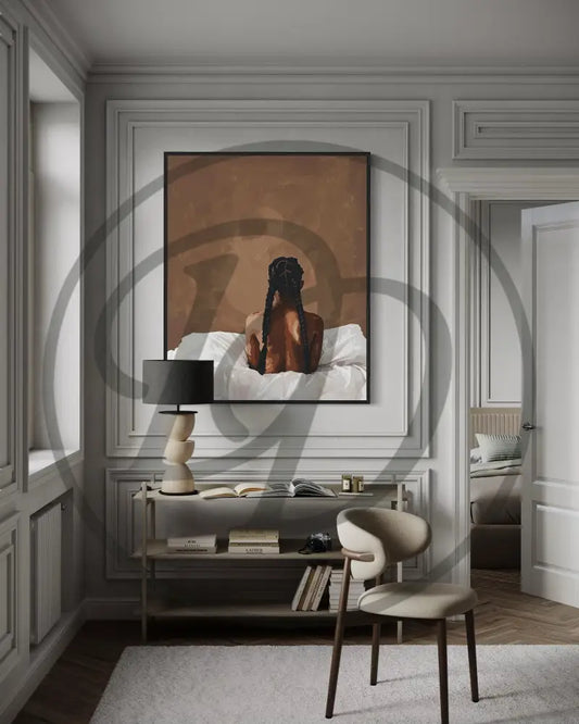 Afrocentric digital wall art of Black woman seated with long braids and nude back view.