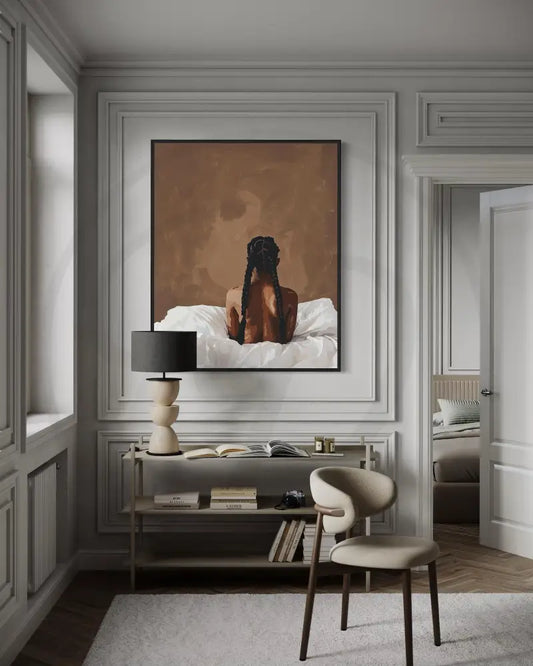 Afrocentric digital wall art of Black woman seated with long braids and nude back view.