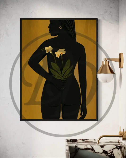 Afrocentric digital wall art of Black woman holding orchids behind her back.