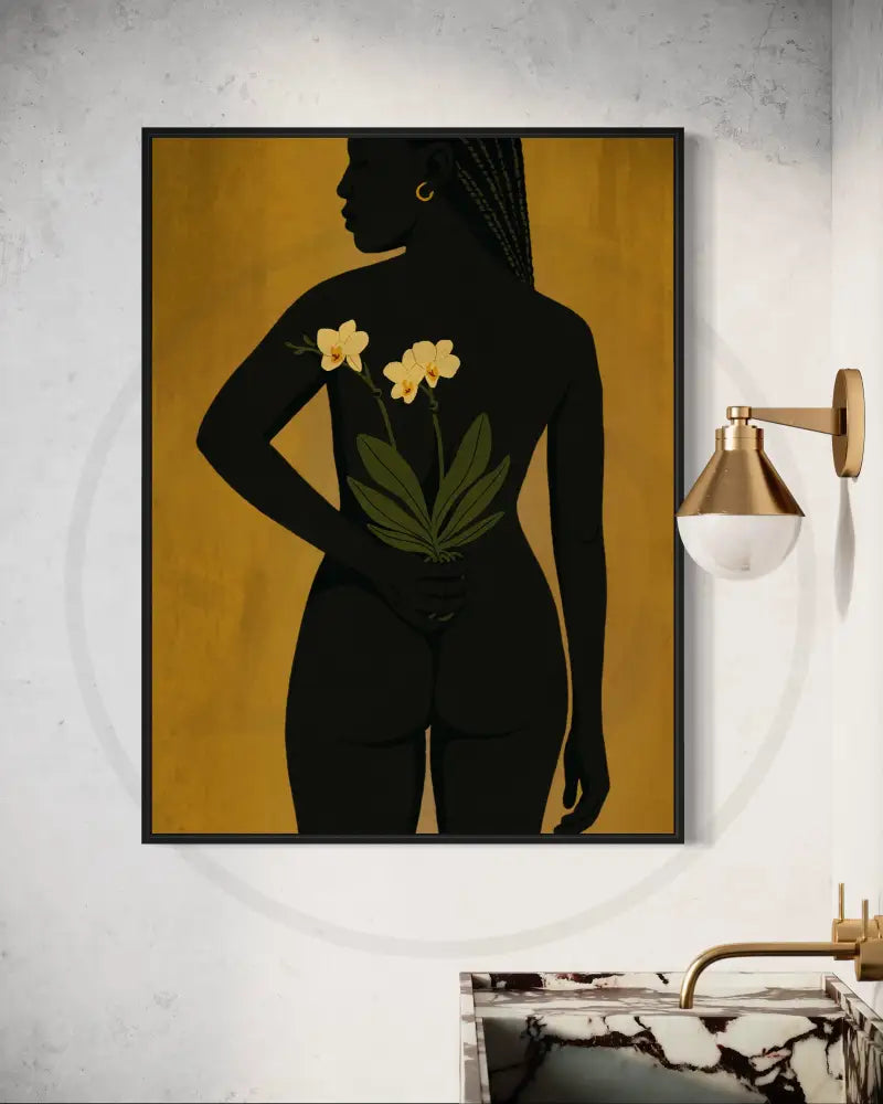 Afrocentric digital wall art of Black woman holding orchids behind her back.