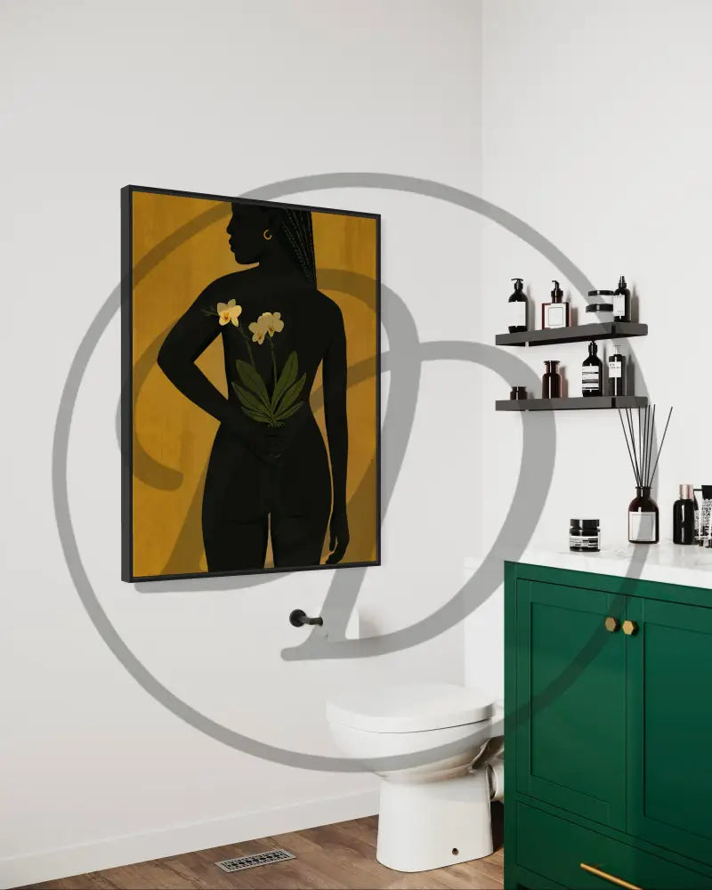 Black woman art print with golden tones and delicate floral detail.