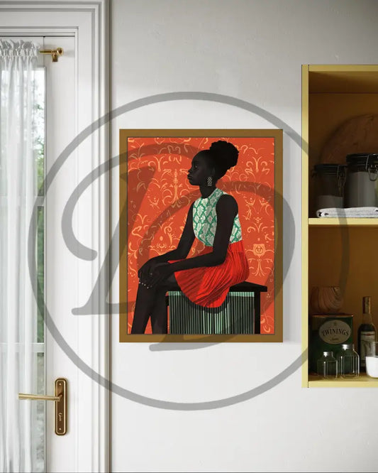 Afrocentric digital wall art of Black woman in patterned top and red skirt.