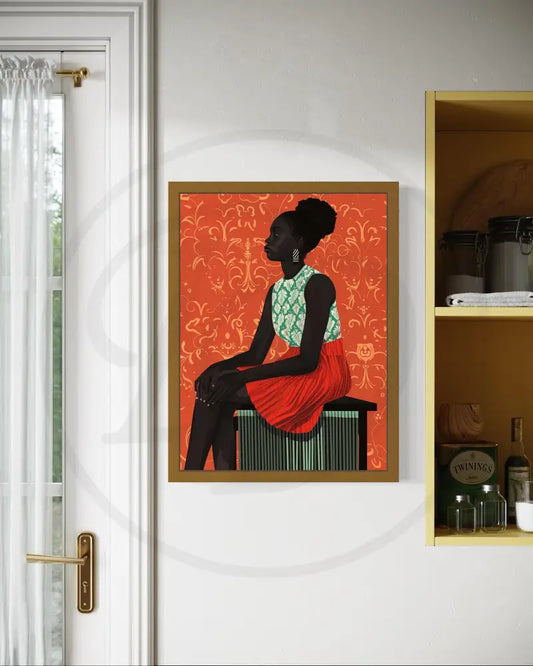 Afrocentric digital wall art of Black woman in patterned top and red skirt.
