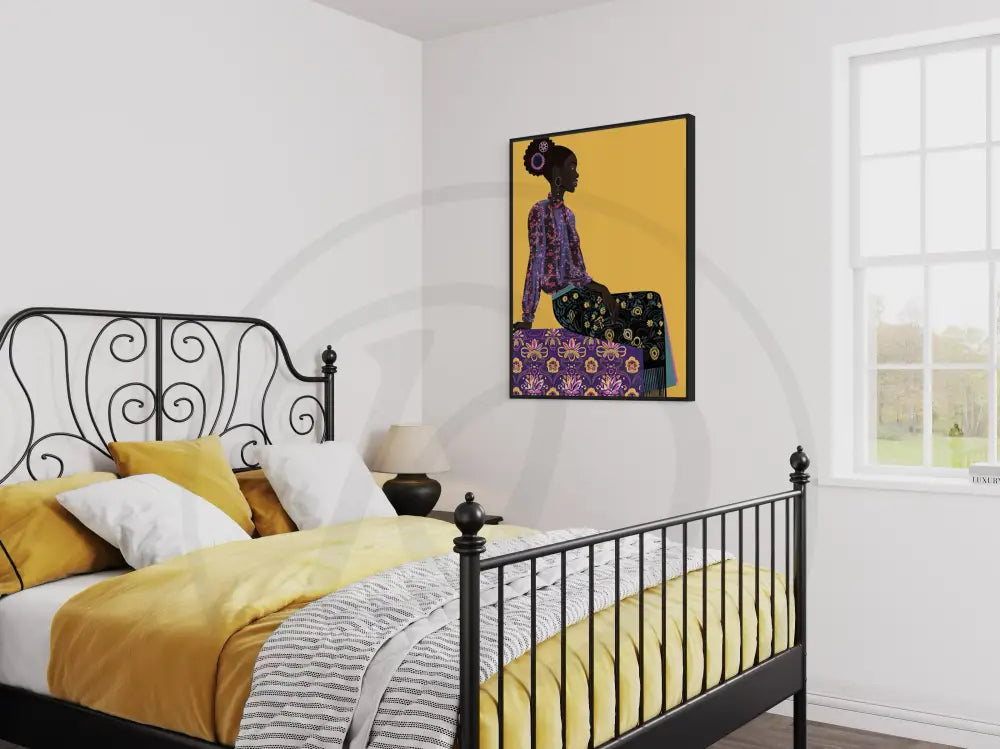 Afrocentric bold illustration of Black woman in patterns.