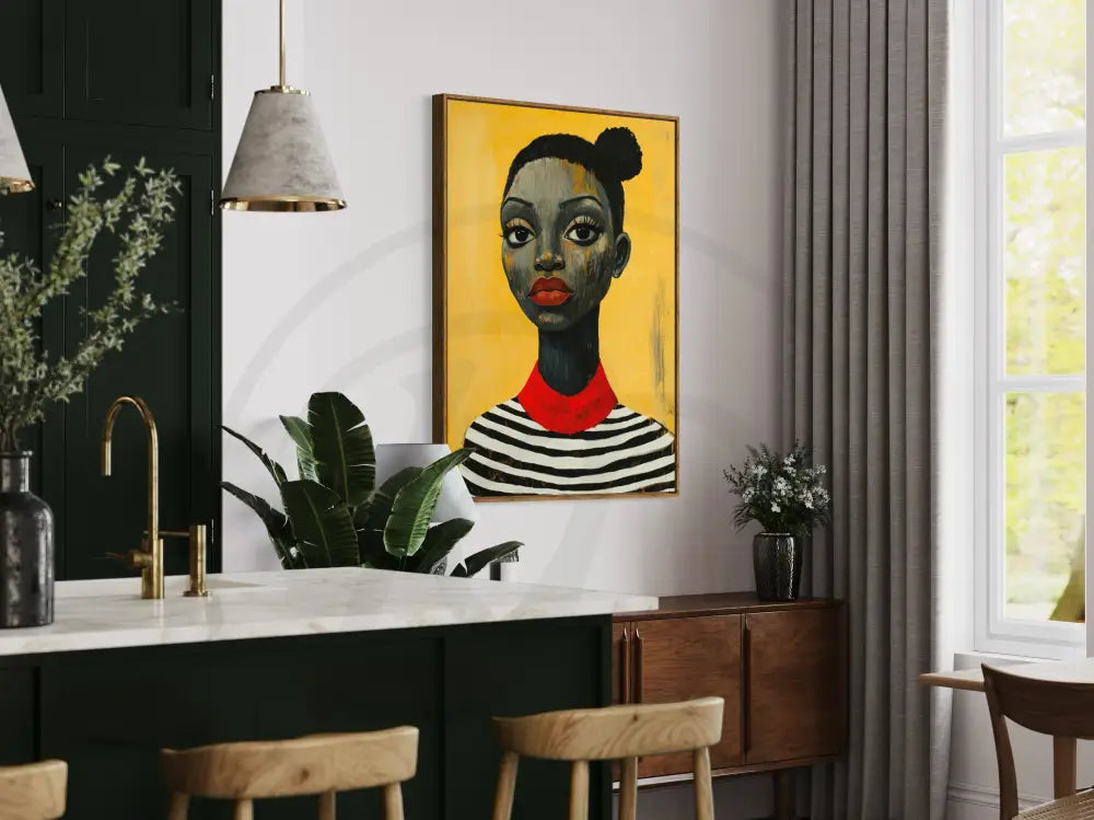 Afrocentric bold textured painting of woman in striped shirt.