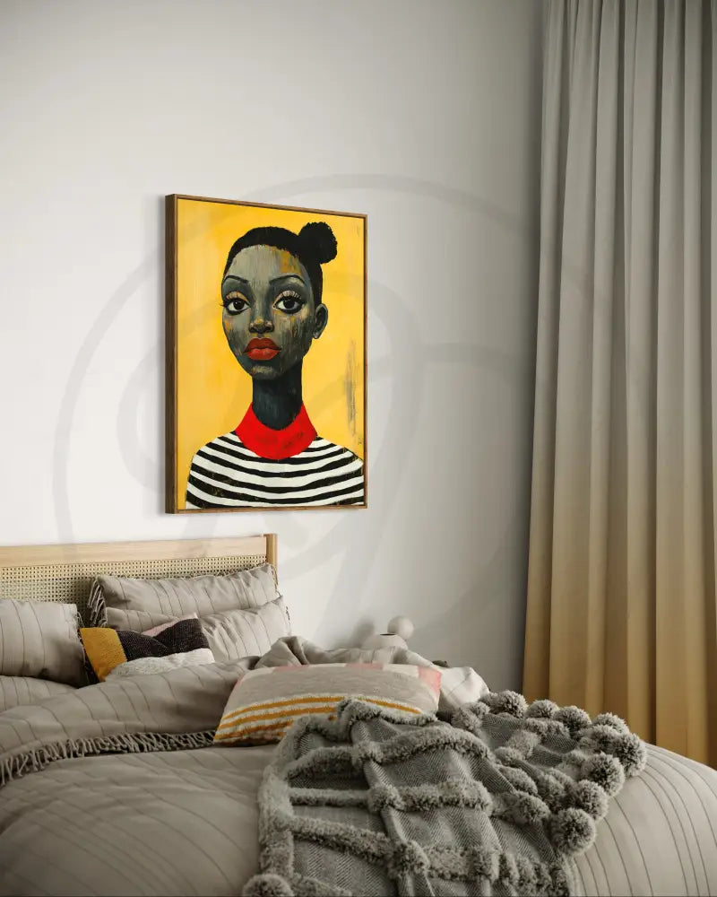 Afrocentric digital art print with red lips and yellow backdrop.