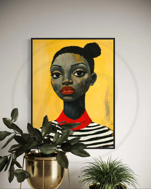 Afrocentric modern portrait wall art with yellow background.