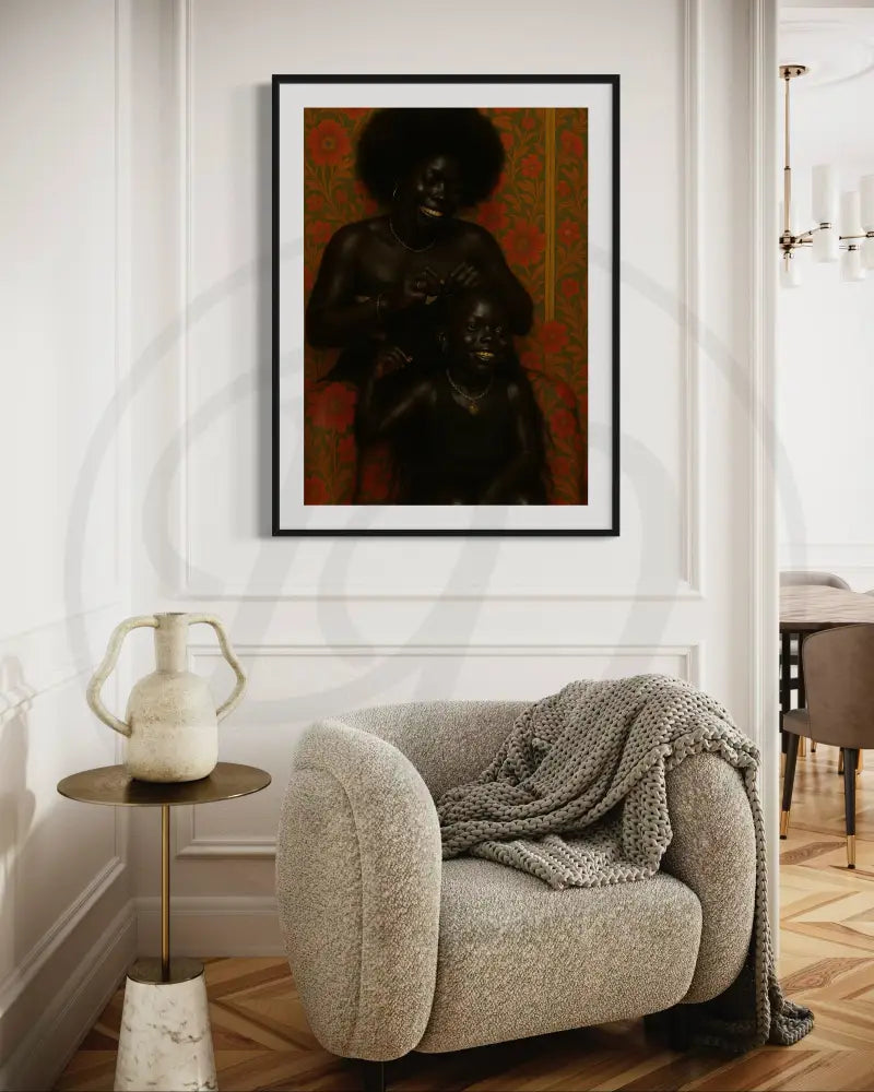 Black family bonding moment captured in digital Afro art print
