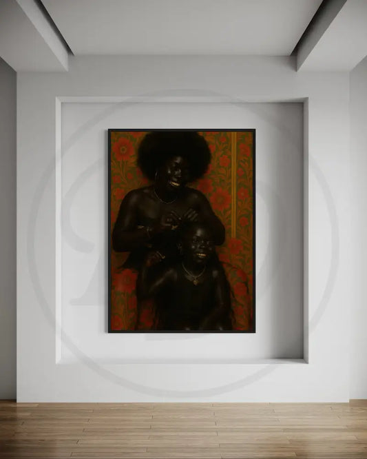 Afrocentric digital wall art of Black mother braiding daughter’s hair