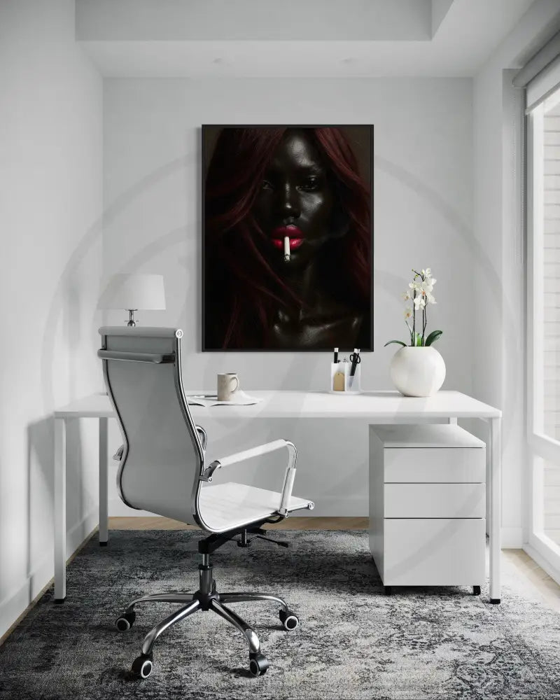 Afrocentric wall art featuring red hair and cigarette.