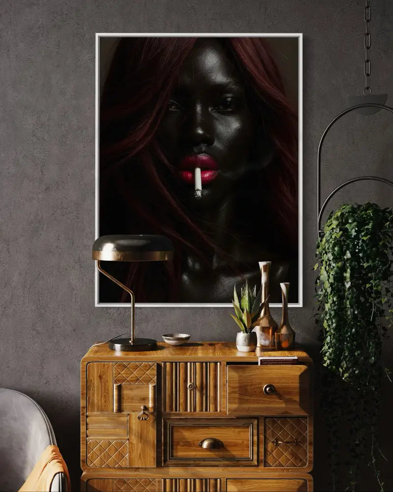 High-fashion Afrocentric art with bold lips and crimson hair.