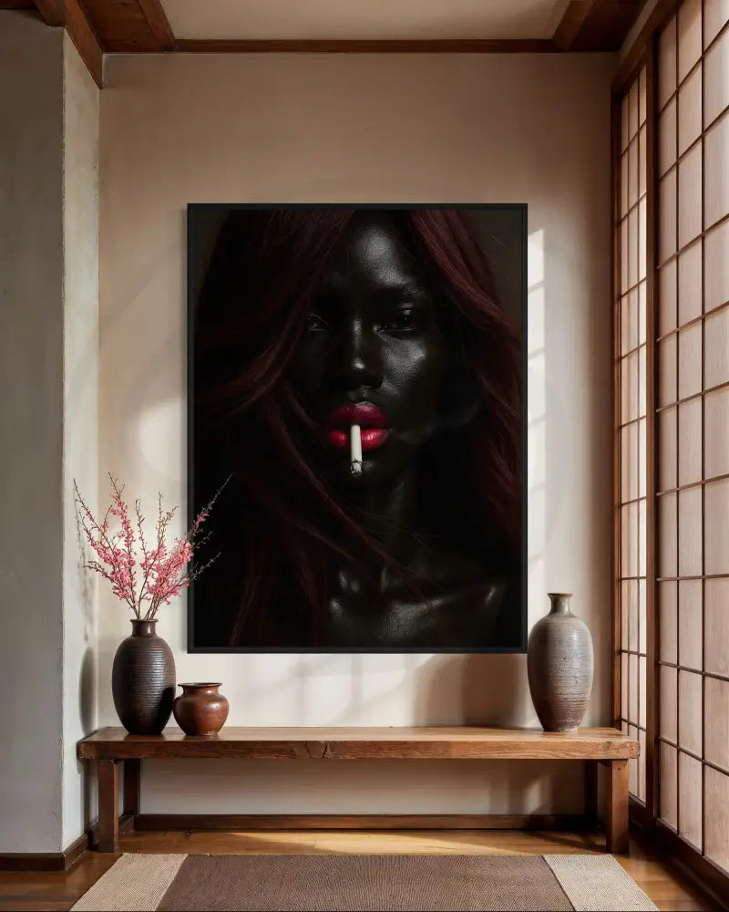 Afrocentric noir wall art with red hair, glowing lips, and cigarette.