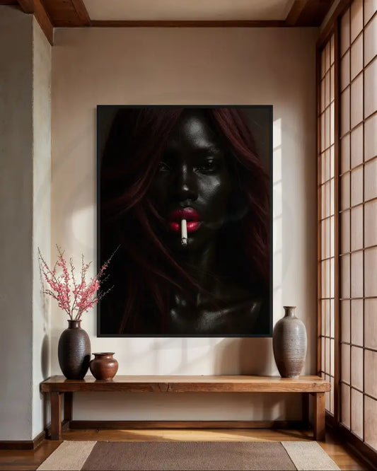 Afrocentric noir wall art with red hair, glowing lips, and cigarette.