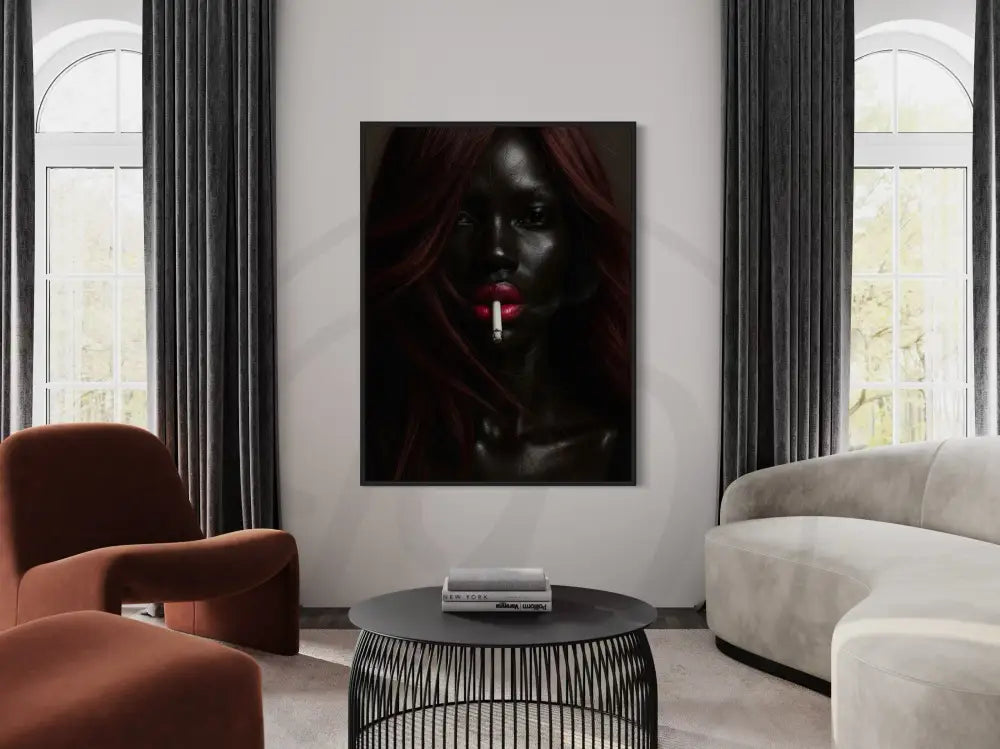 Afrocentric digital wall art with glowing pink lips and smoke.