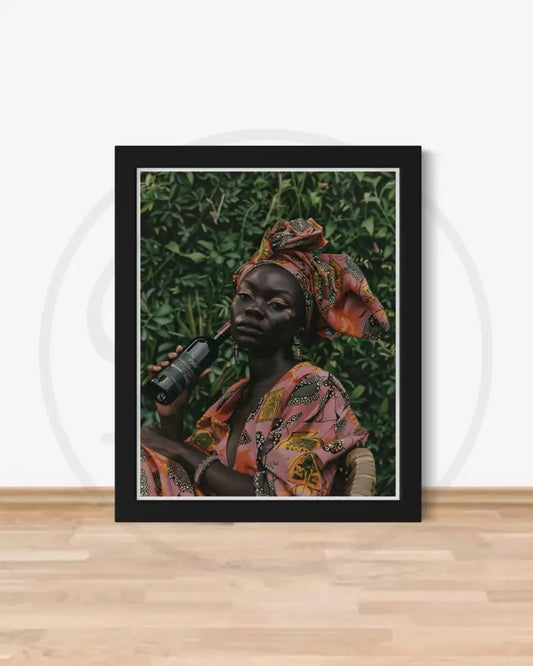 Afrocentric digital wall art of Black woman in headwrap with wine bottle.