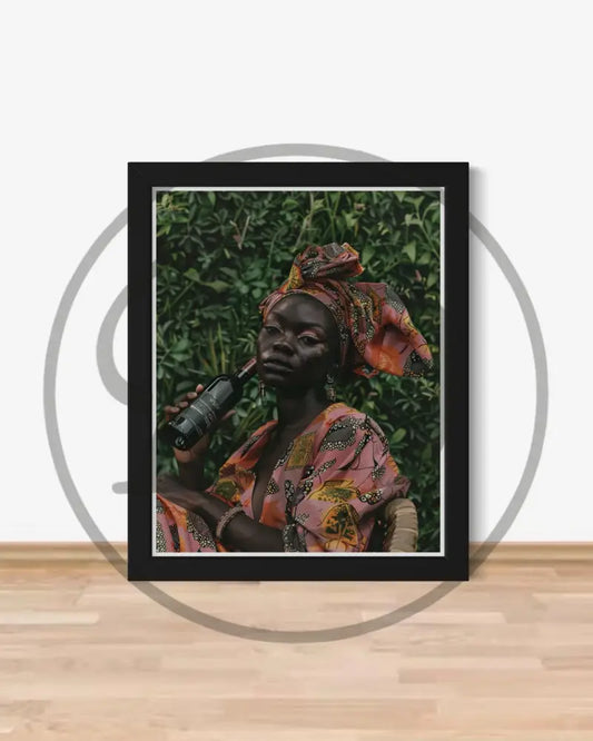 Afrocentric digital wall art of Black woman in headwrap with wine bottle.
