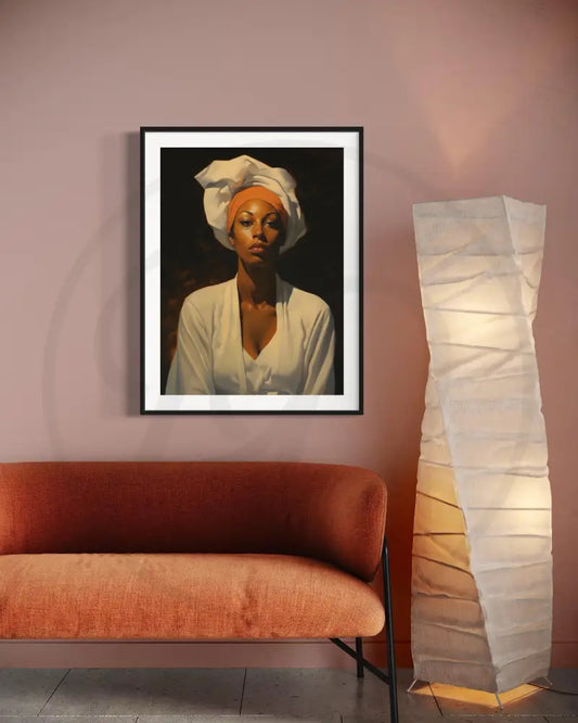 Afrocentric portrait wall art of Black woman in white headwrap.
