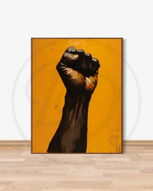 Afrocentric digital wall art of a raised Black power fist on orange background.