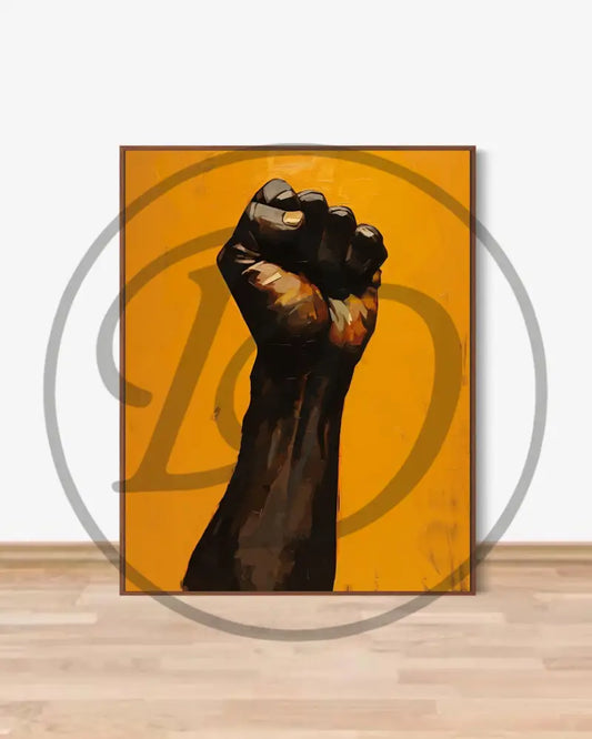 Afrocentric digital wall art of a raised Black power fist on orange background.