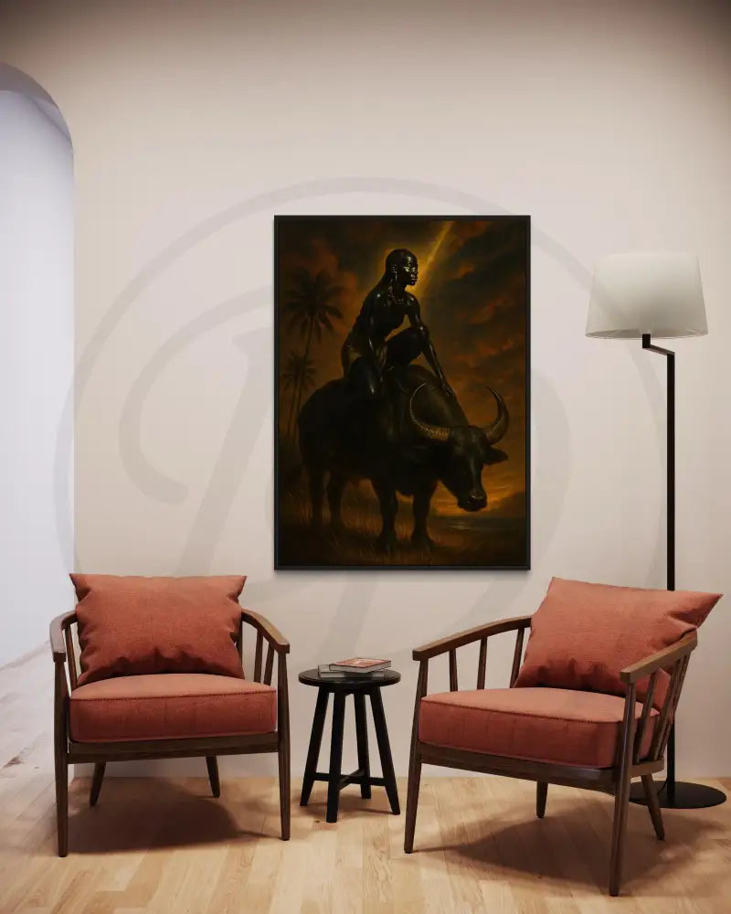 Regal Black rider on buffalo at sunset wall décor.