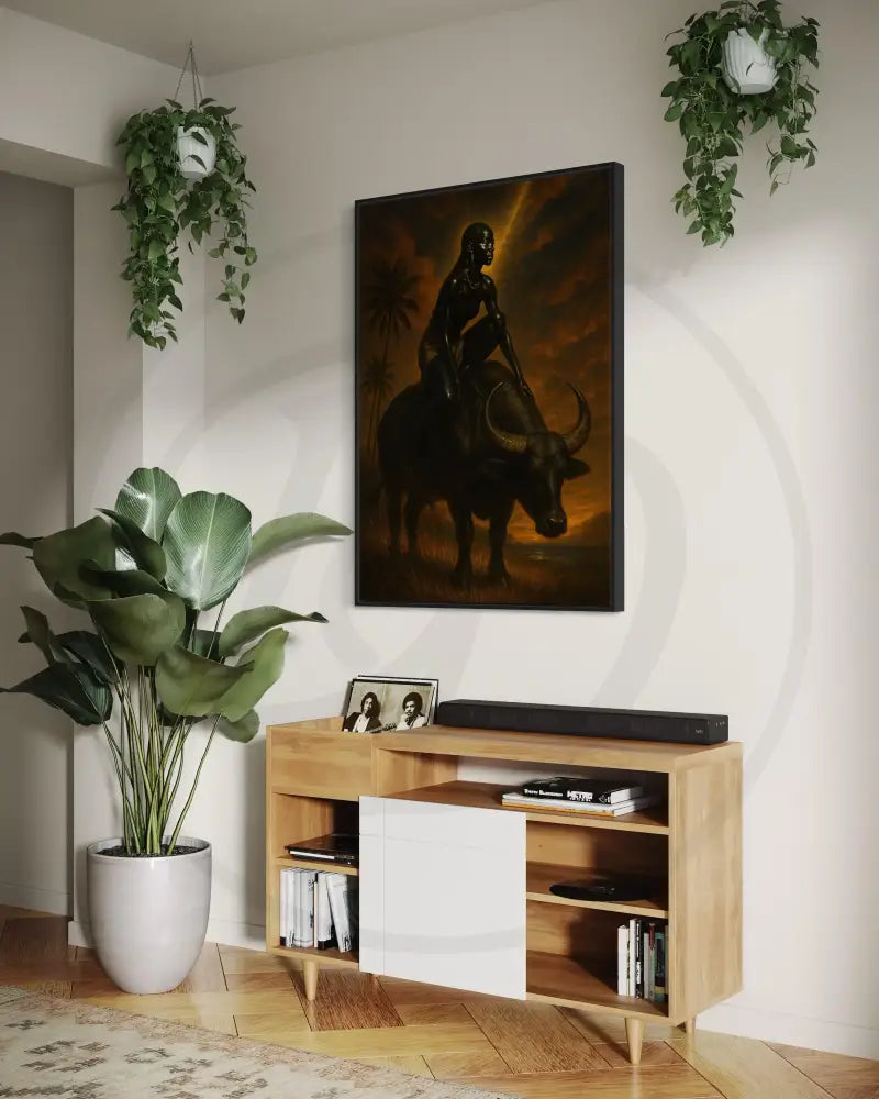 Dark skin regal Afrocentric rider digital artwork.