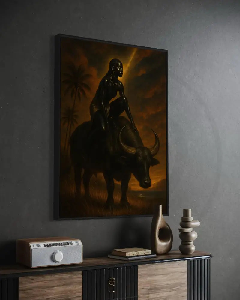 Editorial Afrocentric rider on buffalo wall décor.