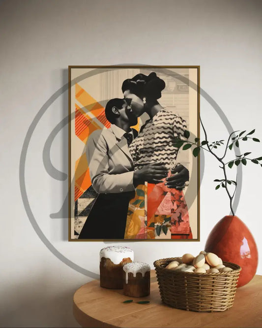 Afrocentric digital wall art of Black couple sharing an intimate embrace.