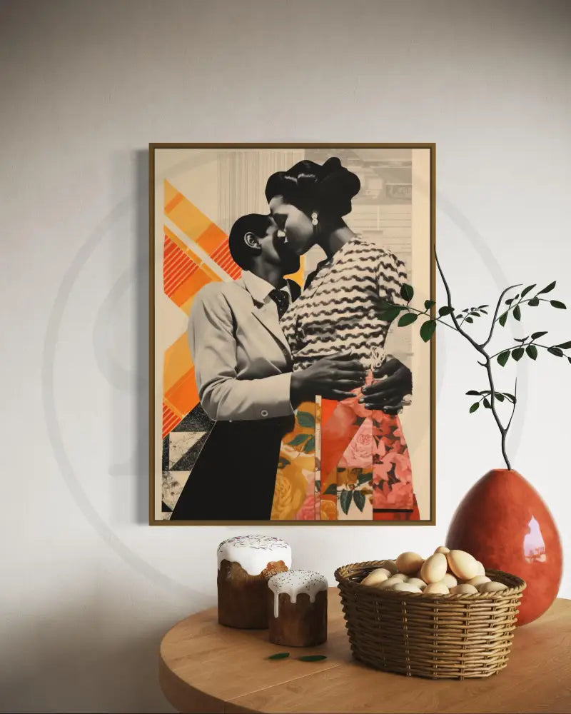 Afrocentric digital wall art of Black couple sharing an intimate embrace.