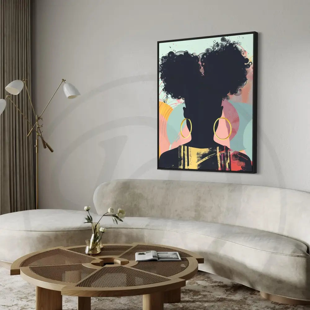 Afrocentric digital print featuring a woman with gold earrings