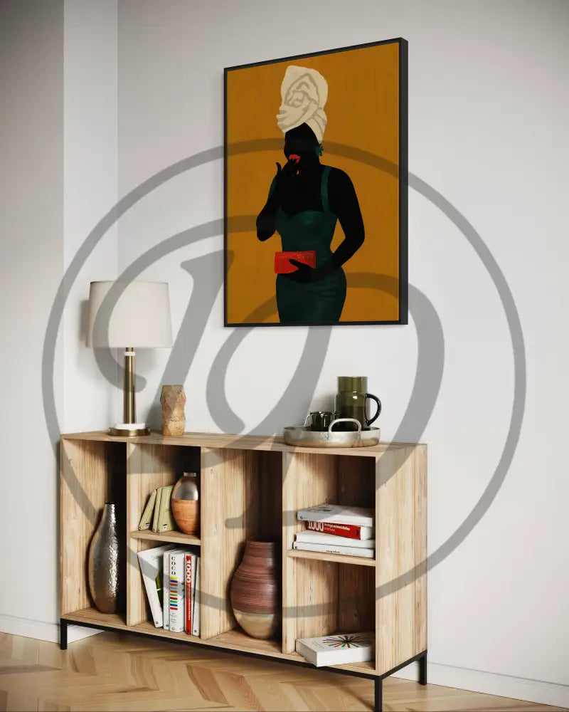 Black woman with white headwrap and green dress wall print