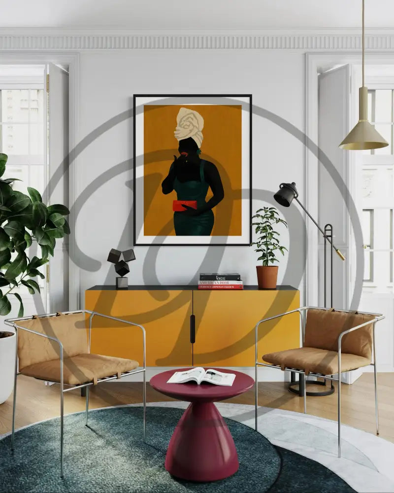Minimalist Black woman wall art holding red clutch