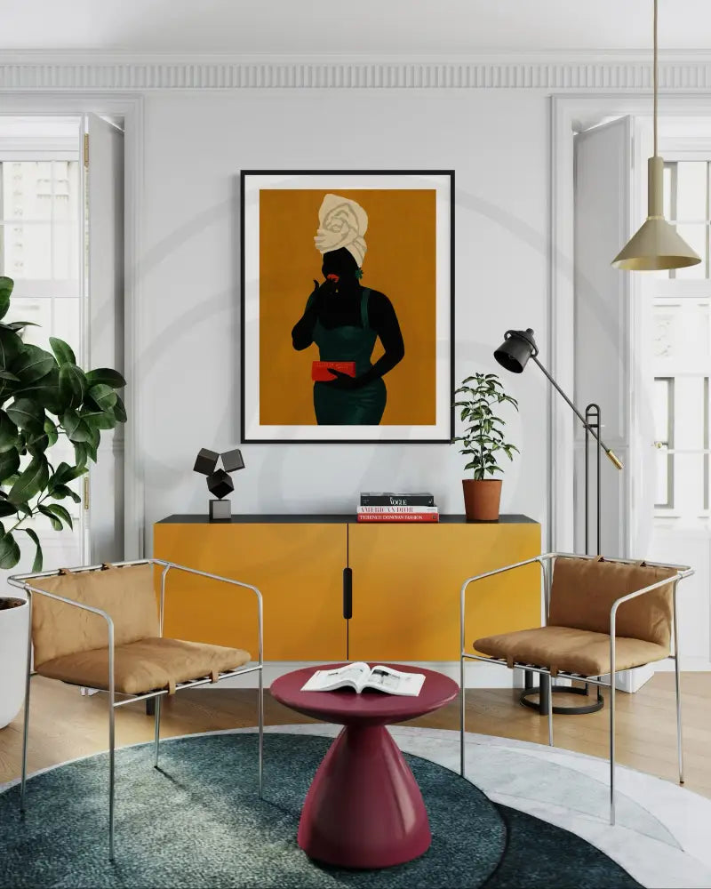 Minimalist Black woman wall art holding red clutch