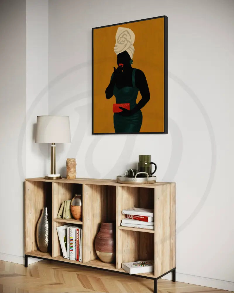 Black woman with white headwrap and green dress wall print