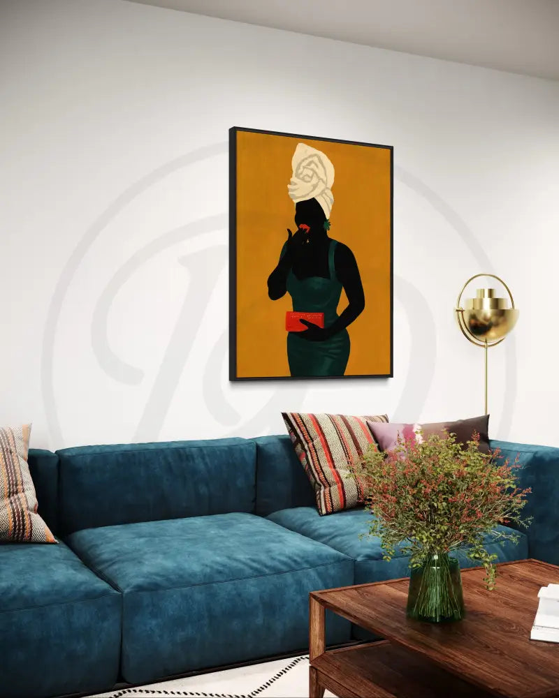 Bold silhouette of a Black woman with clutch on golden background