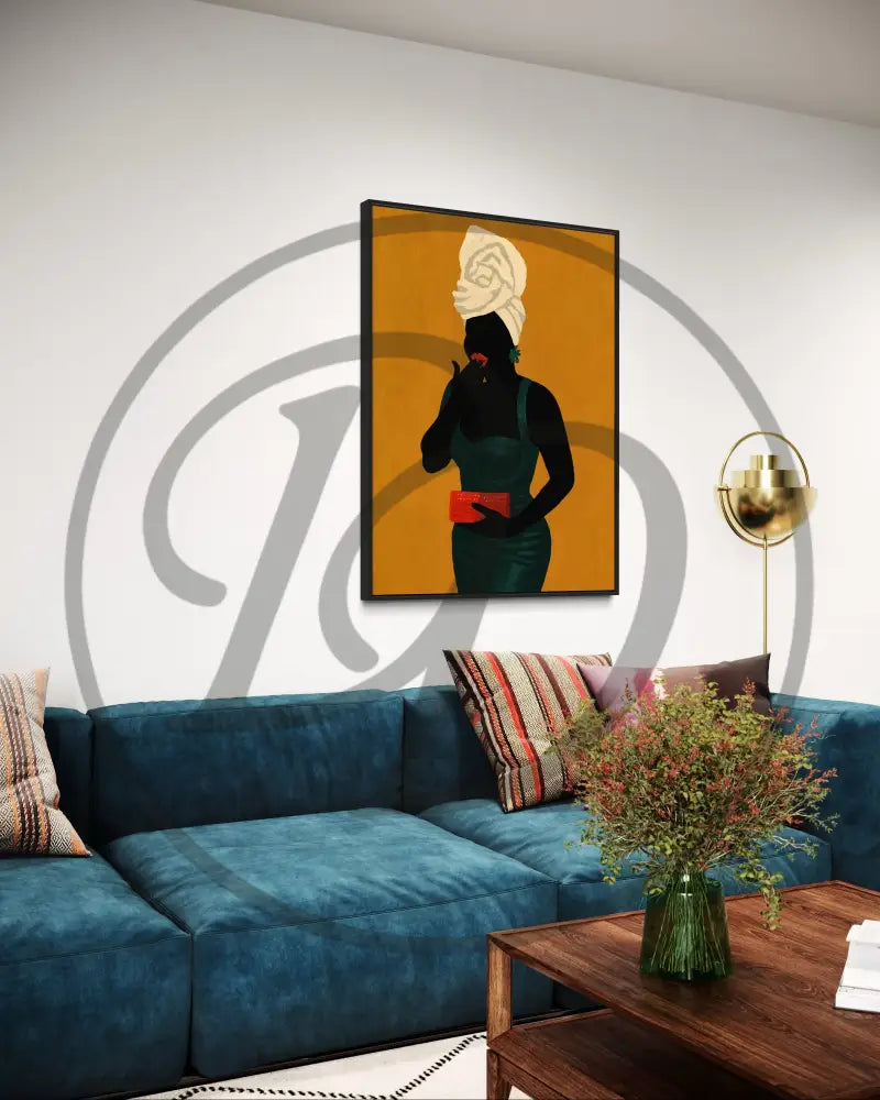 Bold silhouette of a Black woman with clutch on golden background